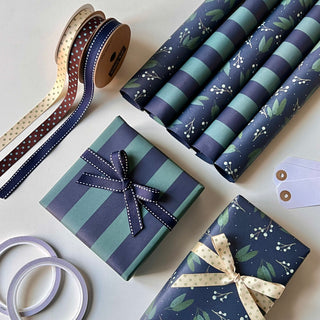 Reversible Navy Botanical Eco Gift Wrapping Set