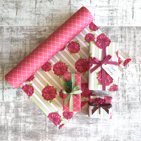 Reversible Pink + Green Dahlia Gift Wrapping Set