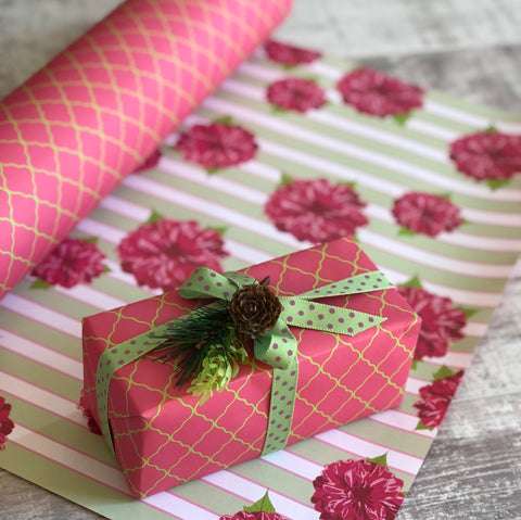 WHOLESALE Reversible Pink + Green Dahlia Gift Wrap