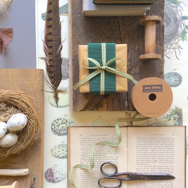 Narrow Sage green Gingham Ribbon Jane Means Ltd